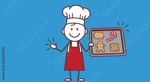 Stick figure chef holding tray of assorted christmas cookies editable vector file