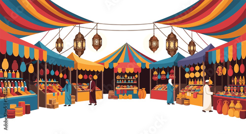 Vibrant traditional bazaar scene with colorful tents lanterns and goods displayed