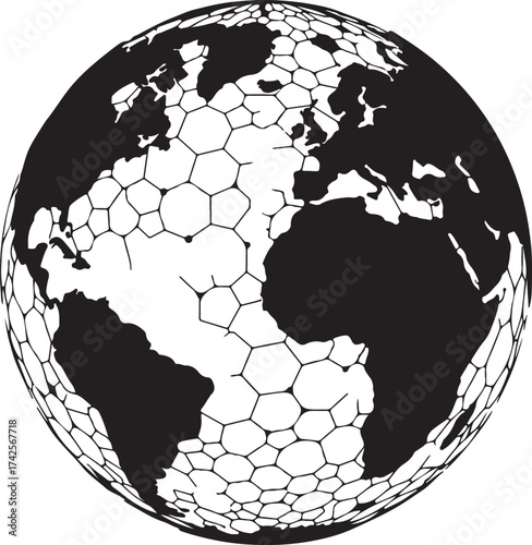 A dark hexagonal sphere with a geometric pattern of interconnected honeycomb cells isolated on a clean white background isolated on white background.