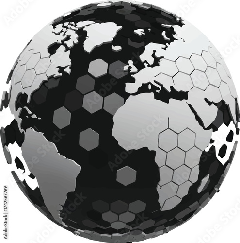 A dark hexagonal sphere with a geometric pattern of interconnected honeycomb cells isolated on a clean white background isolated on white background.