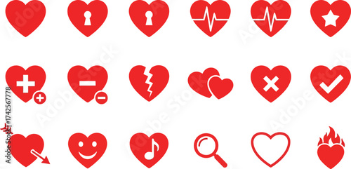 Collection of red heart icons with different symbols and designs editable vector file