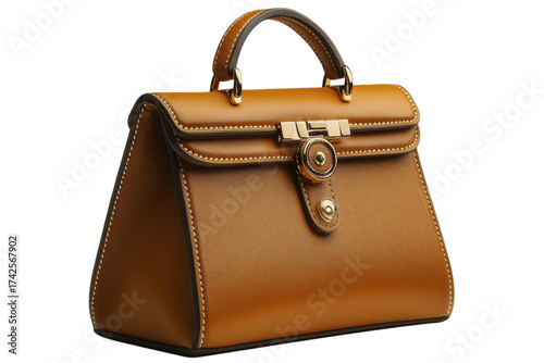 Elegant tan leather handbag with gold hardware perfect for fashion accessories and luxury lifestyle use on transparent background