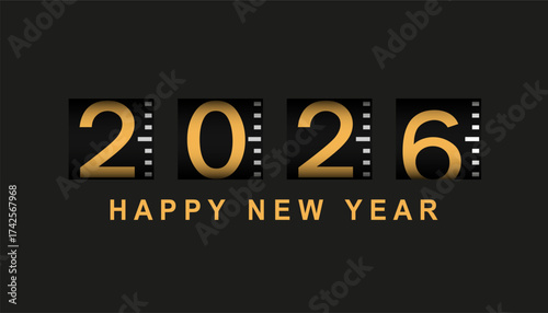 HAPPY NEW YEAR 2026 black banner meter, counter with change from 2025 to 2026