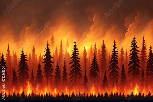 Fiery forest inferno a majestic pine forest engulfed in raging flames and thick smoke