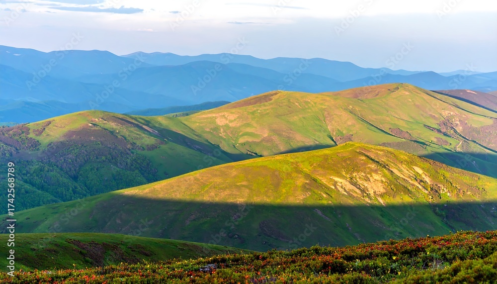 Naklejka premium Rolling Hills of the Carpathian Mountains in Ukraine at Sunset.