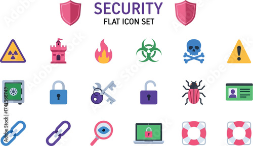 Flat icon set with security symbols on a white background view editable vector file