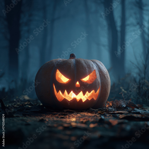 A glowing Halloween pumpkin with carved scary face, candlelight inside, dark spooky forest background, cinematic lighting, ultra detailed