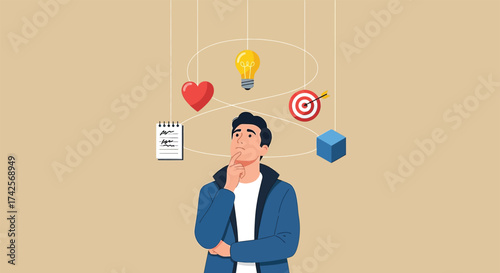 Person contemplating life choices goals dreams and aspirations surrounded by symbolic icons