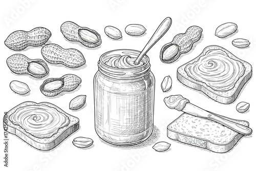 Vector art of peanut butter illustration, a vintage style drawing of peanut butter and toast