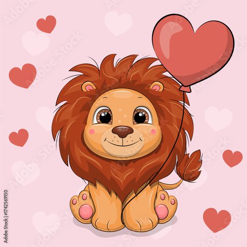 Cute cartoon Lion with red heart shaped balloon. Vector illustration of an animal on a pink background with hearts.