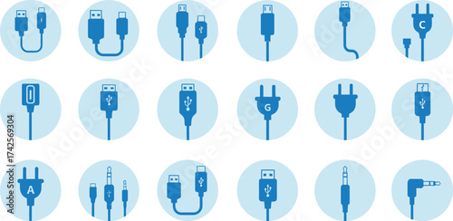 Collection of modern electronic connectors and cables for devices