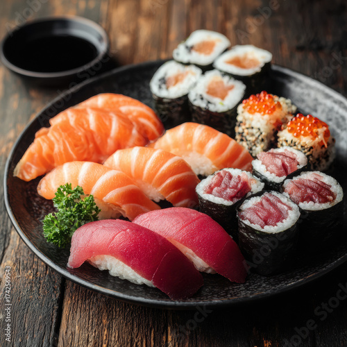 A plate of assorted sushi with salmon, tuna, and rice rolls, wooden table background, studio lighting, ultra realistic food photography