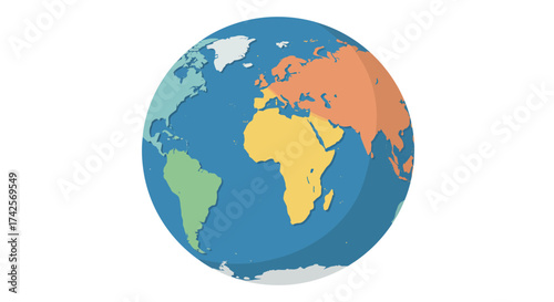 Stylized Globe Illustration with Continent Colors and Ocean Blue.