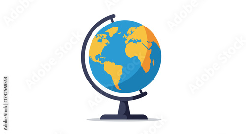 Illustrated World Globe with Stand Depicting Continents and Oceans.