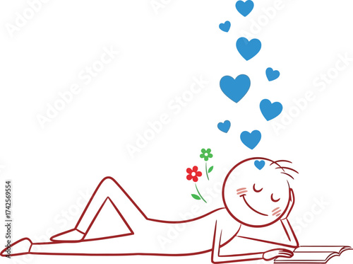 Joyful stick figure relaxes with a book, dreaming of love and happiness.