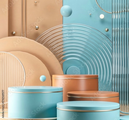 Orange and aqua podiums on the orange and aqua background