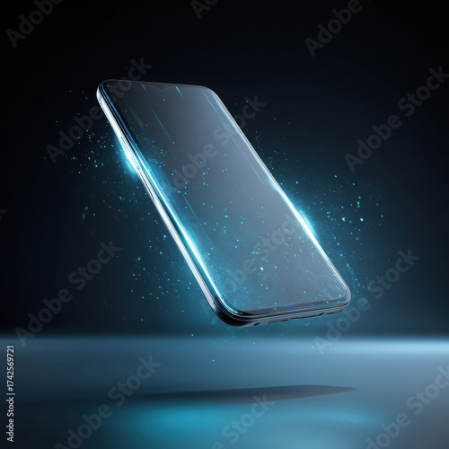 A sleek modern smartphone floating in mid-air with glowing interface, futuristic digital background, cinematic product photography, ultra detail