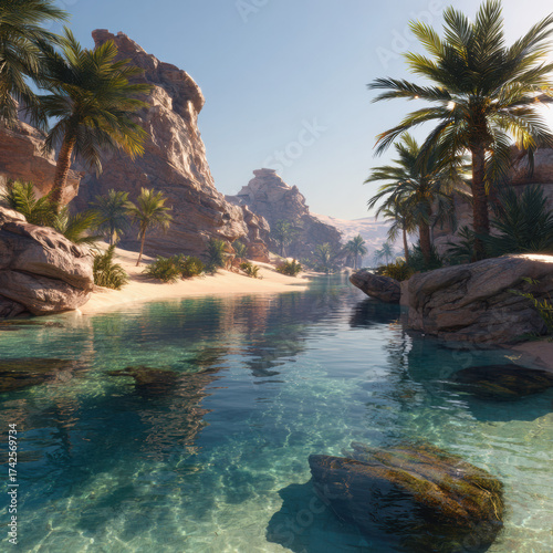 A serene desert oasis with crystal-clear water, palm trees, soft golden sand, cinematic lighting, ultra-realistic