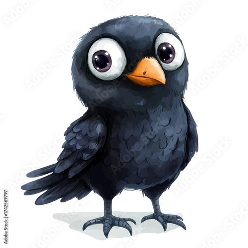 watercolor vector of Raven Cartoon Illustration, isolated on a white background.