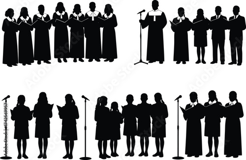 Silhouette illustration of choir group singing together with microphones, music performance, and harmony concept for worship, concert, and education design