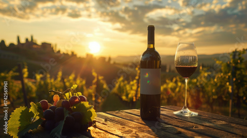 A wine bottle and glass on a wooden table, overlooking a sunlit vineyard, golden hour lighting, cinematic landscape, Tuscany style scenery, luxury aesthetic