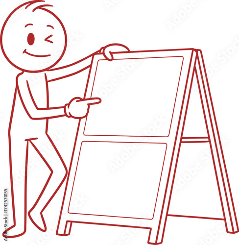 Friendly stick figure pointing to a blank whiteboard easel with a wink