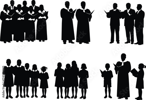 Silhouette illustration of choir group singing together, children and adults performing church hymns, music concert and worship song in vector design