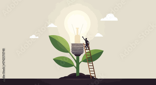 Person climbing ladder to a glowing lightbulb on a growing plant symbolizing innovation and bright ideas