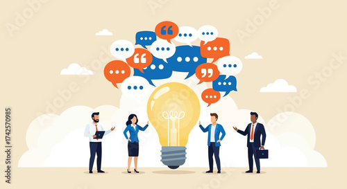 Diverse team collaborates around a glowing lightbulb with chat bubbles symbolizing communication and ideas