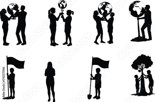 Silhouette illustration of people and children protecting Earth, planting trees, holding flags, and promoting global environmental awareness and sustainability concepts