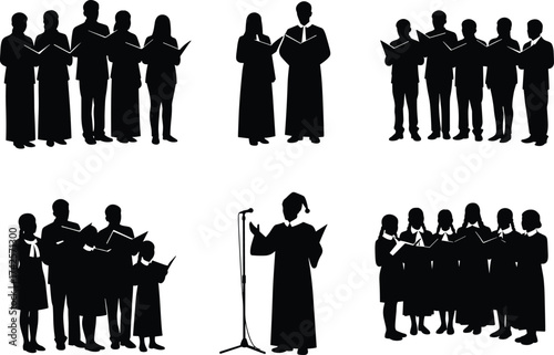 Silhouette illustration of choir group singing with conductor, church choir, students performing choral music concert and religious song in vector design