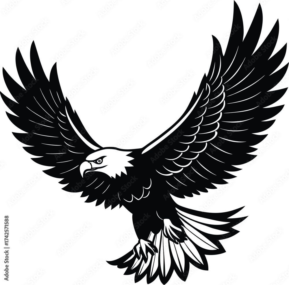 Fototapeta premium Black tribal eagle vector silhouette in flight with wings spread, a symbol of freedom and wildlife