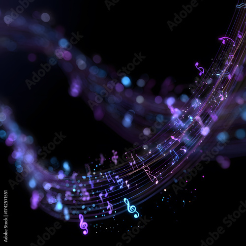 Wallpaper in black colour with music notes in pastel pink and blue and purple 