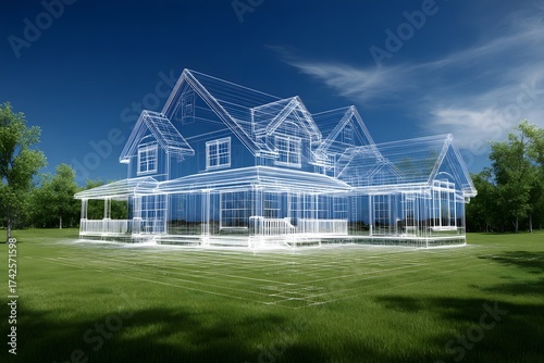 Digital blueprint of a modern home emerges from a lush green landscape under a clear blue sky