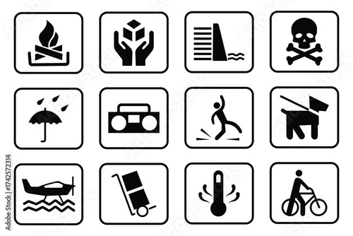 Set of safety hazard warning signs. Including flammable, toxic, EMF, umbrella, stumble, bicycle, dog, high temperature and more. Vector illustration.