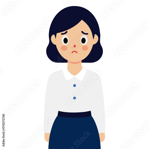 Sad and disappointed young woman illustration feeling downcast with dark hair and professional attire showing vulnerability