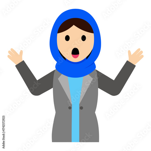 Surprised businesswoman wearing hijab with shocked facial expression gesturing with hands in a positive manner