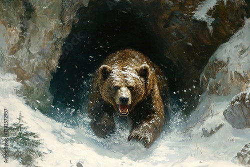 ancient cave bear emerging from a snowy cave