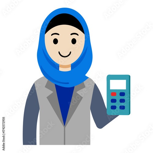 Cartoon business woman in hijab holding calculator ideal for diverse office environment representation