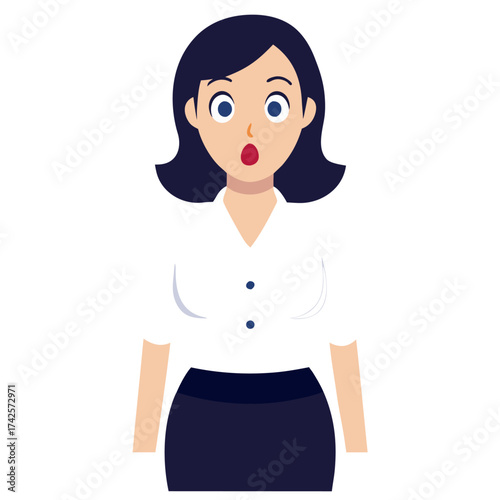 Surprised woman cartoon character with wide eyes and an open mouth in disbelief or shock