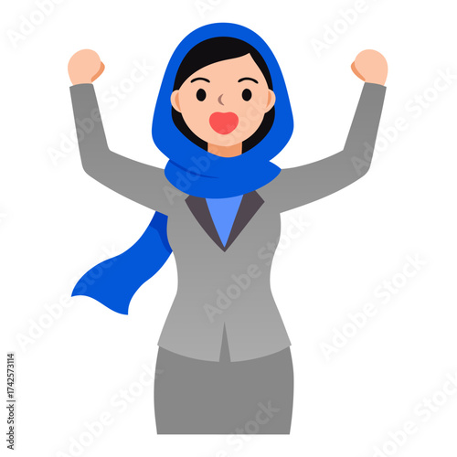 Empowered business woman cartoon character in hijab celebrating success and achievement with her arms raised