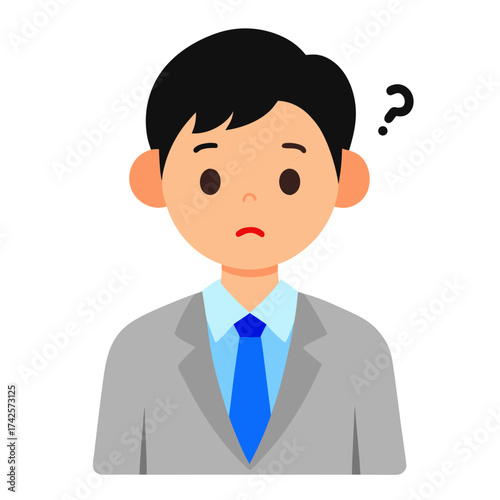 Confused businessman cartoon character with question mark over his head in gray suit and blue tie