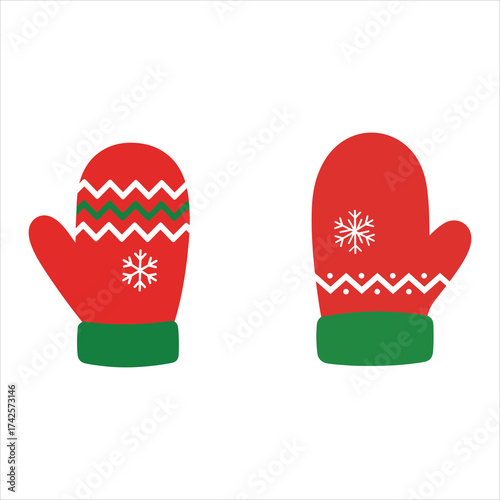 Festive red and green christmas mittens with snowflake pattern for winter holidays