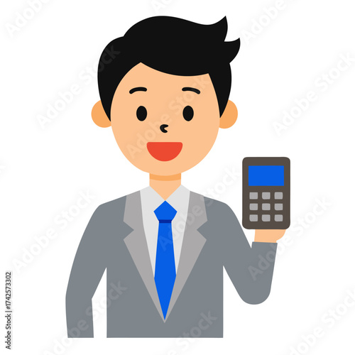 Professional businessman character illustration holding calculator for financial planning and mathematical equations and calculations of business figures and accounting