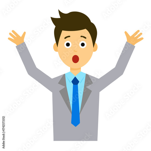 Shocked businessman with hands up in surprise and disbelief on white background illustration