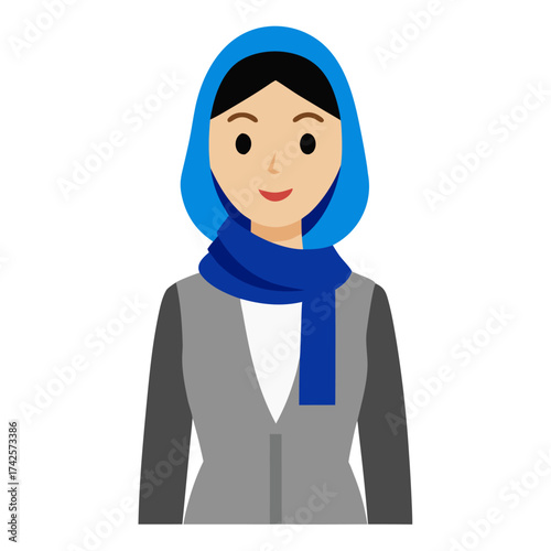 Portrait of a smiling muslim businesswoman wearing a blue headscarf and a grey suit illustration