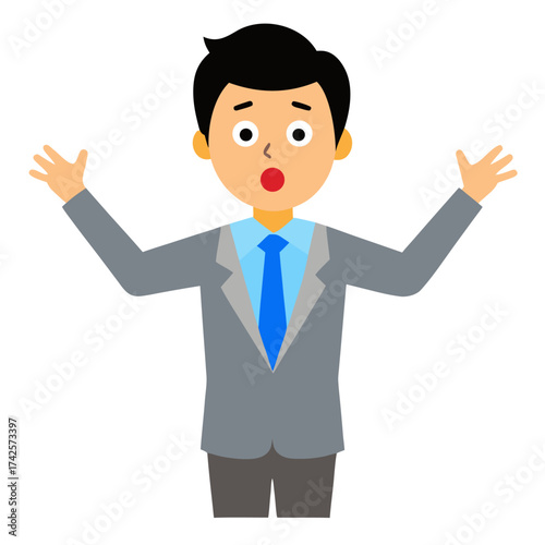 Astonished Businessman Cartoon Character with Arms Raised in Surprise and a Shocked Expression of Disbelief