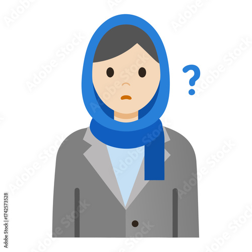 Woman wearing a hijab with a questioning expression and question mark floating nearby uncertainty concept