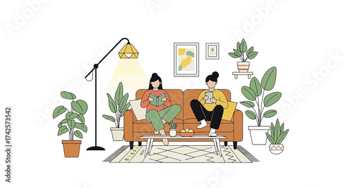 Cozy living room scene with two people relaxing on a sofa surrounded by indoor plants