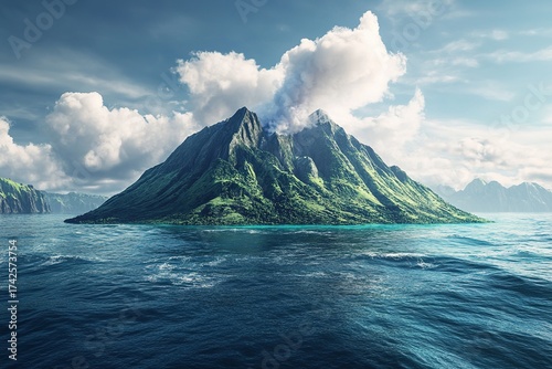 ancient volcanic island emerging from prehistoric ocean